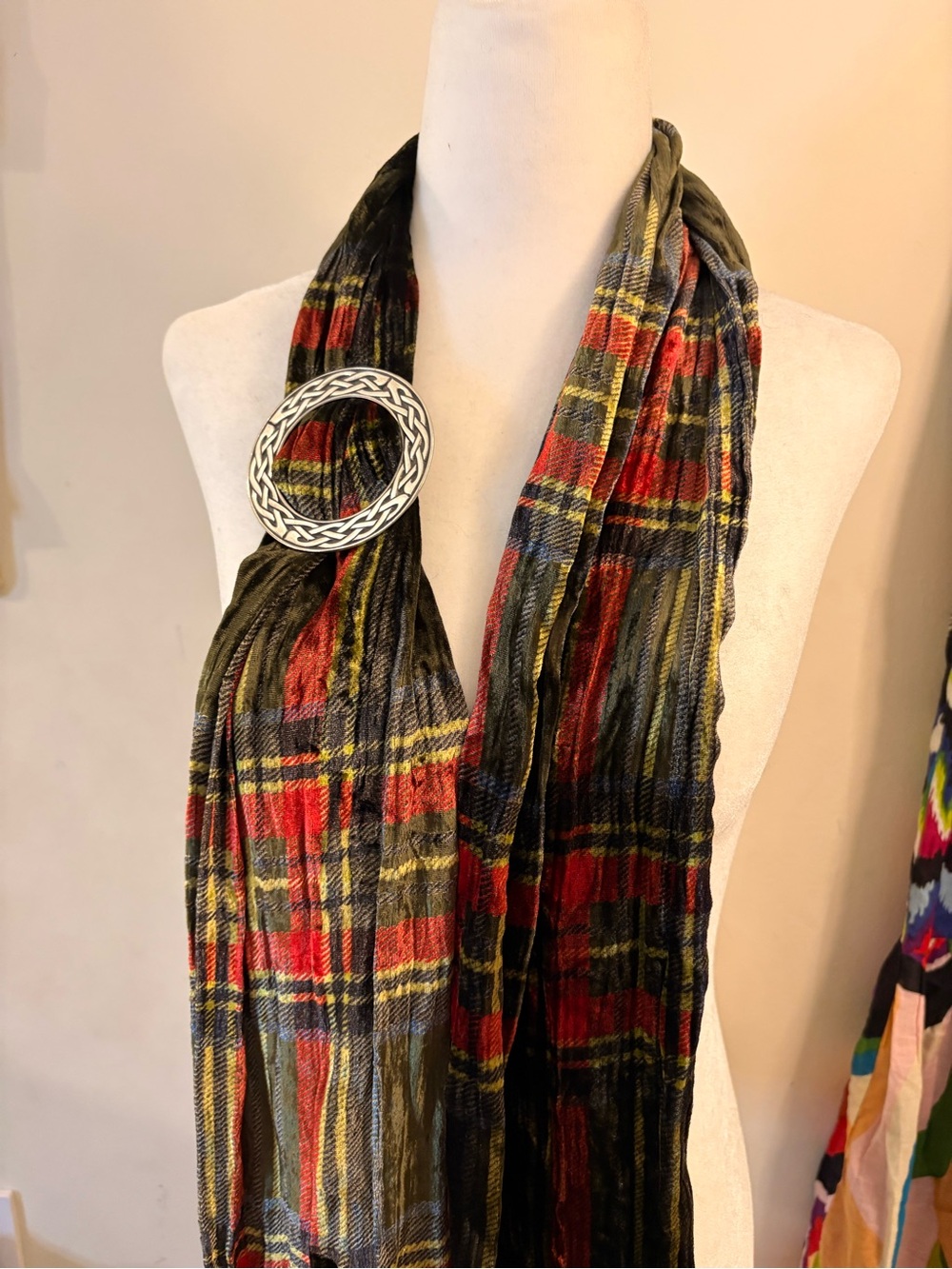 Plaid Tartan Women's Silk Blend Scarf  Pewter Celtic Ring Brooch